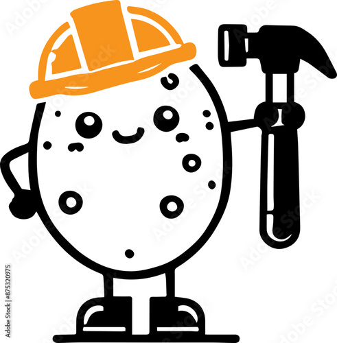Cute cartoon potato construction worker character holding a hammer, wearing a hard hat. Perfect for fun design projects and educational materials.