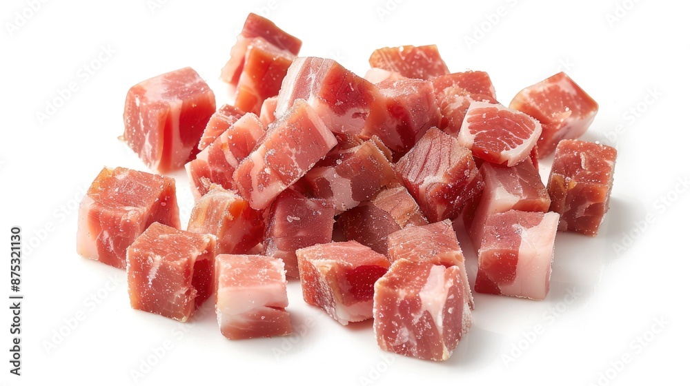 Close-up of diced pork pieces on a white background. Perfect for recipes, cooking, and culinary purposes. Close-up of diced pork pieces on a white background. Perfect for recipes, cooking, and culinary purposes.