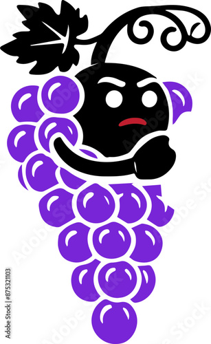 Cartoon illustration of a purple grape bunch with an angry face and arms crossed, expressing displeasure or frustration.