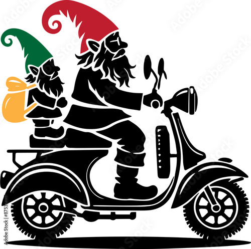 Two gnomes riding a scooter together with backpacks, one in red hat other in green, black and white vector art design.