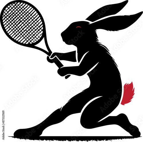 Illustration of a rabbit playing tennis with a racket, featuring bold silhouette design and vibrant red tail highlight. photo