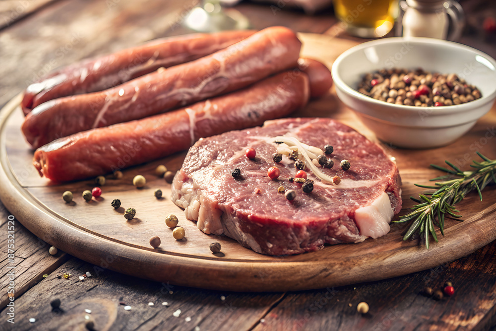 Variety of raw meats, including steak and sausages, on a wooden board with spices and herbs.