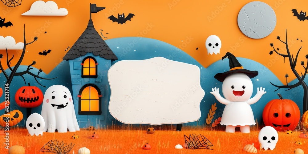 Cute Halloween Ghost with Blank Sign in a Cartoonish Scene Cute Halloween Ghost with Blank Sign in a Cartoonish Scene