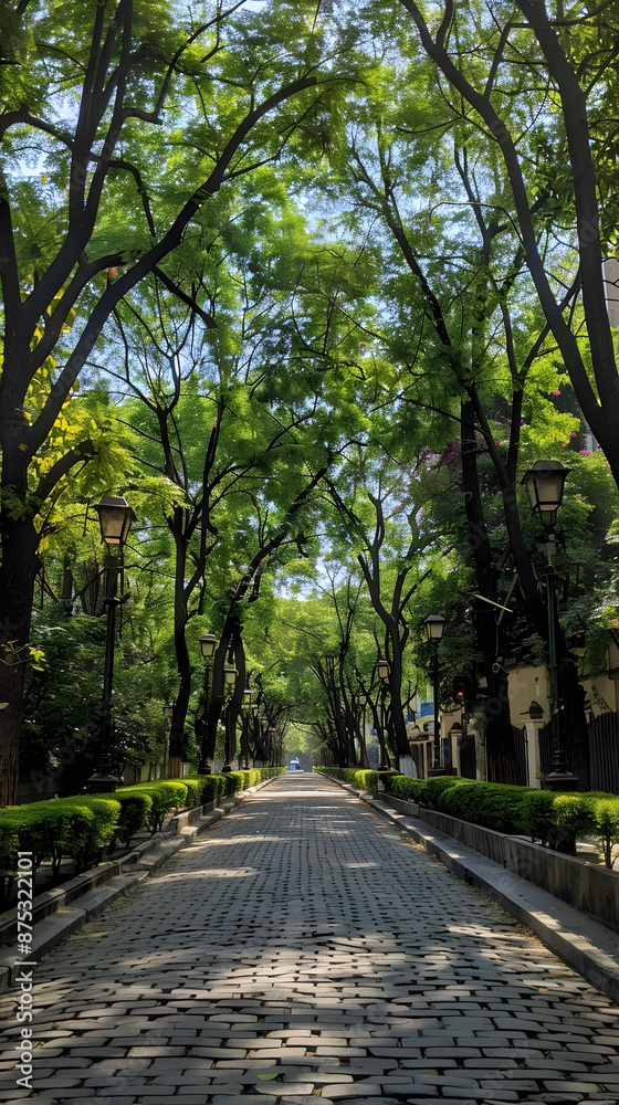Serene Urban Avenue with Tree Canopy and Cobblestone Road Lined with Historic Architecture Serene Urban Avenue with Tree Canopy and Cobblestone Road Lined with Historic Architecture