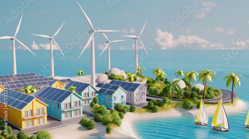 A small island with palm trees and houses is shown with a blue sky and a body of water. The houses are powered by wind turbines, and there are several boats in the water © Alice a.