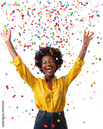 Black woman celebrating with colorful confetti falling, transparent background (PNG)