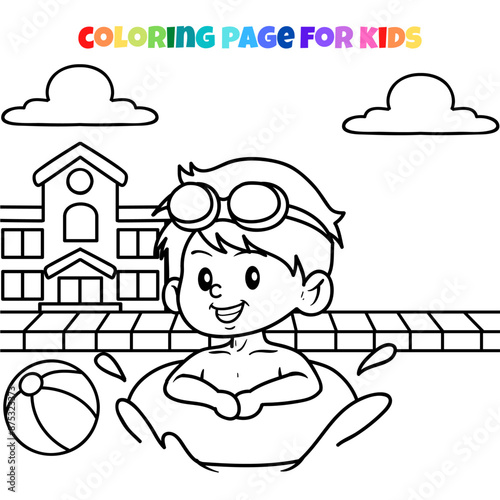 Line art kid swimming sport, coloring page vector illustration.