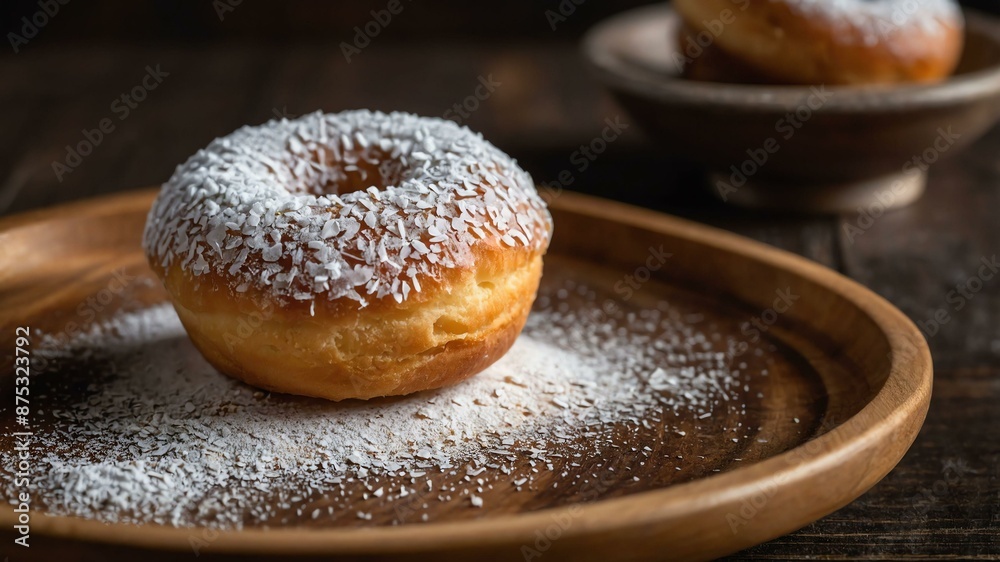powdered sugar donut a small donut coated in powdered served aesthetically in a wooden plate and table powdered sugar donut a small donut coated in powdered served aesthetically in a wooden plate and table