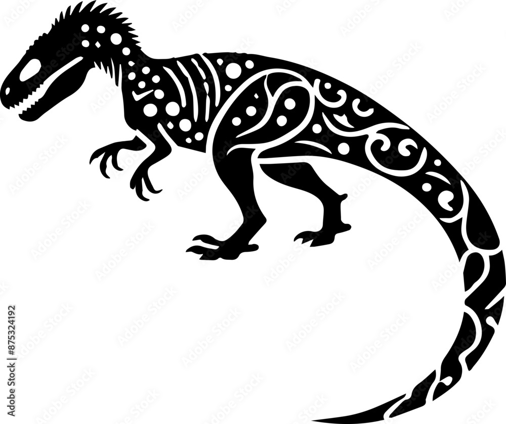 Black tribal tattoo style illustration of a dinosaur with intricate patterns on its body. Black tribal tattoo style illustration of a dinosaur with intricate patterns on its body.