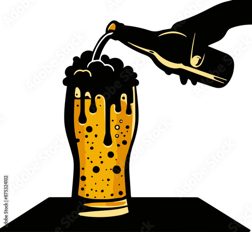 Vector illustration of a hand pouring beer into a glass with foam. Perfect for bar, pub, and beverage themes.