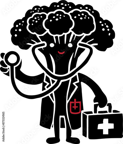 Illustration of a broccoli doctor with stethoscope and medical bag, promoting healthy eating and lifestyle in playful cartoon style.