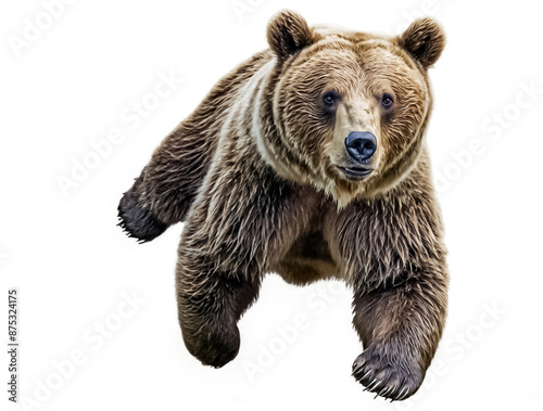 front view of a bear animal running towards the camera on a white transparent background