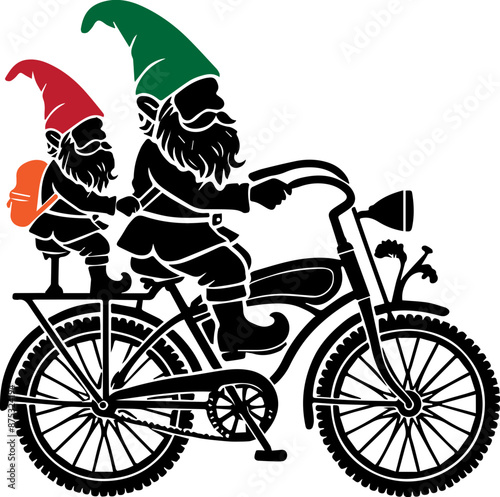 Illustration of two gnomes cycling together, one with a green hat and the other with a red hat, riding a bike with a backpack.