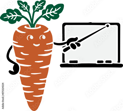 Cartoon carrot character pointing at a whiteboard in an educational setting, representing healthy food and learning.
