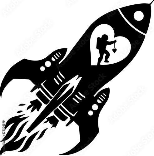 Silhouette of a rocket with a heart and an astronaut holding a heart, symbolizing love and adventure in space.