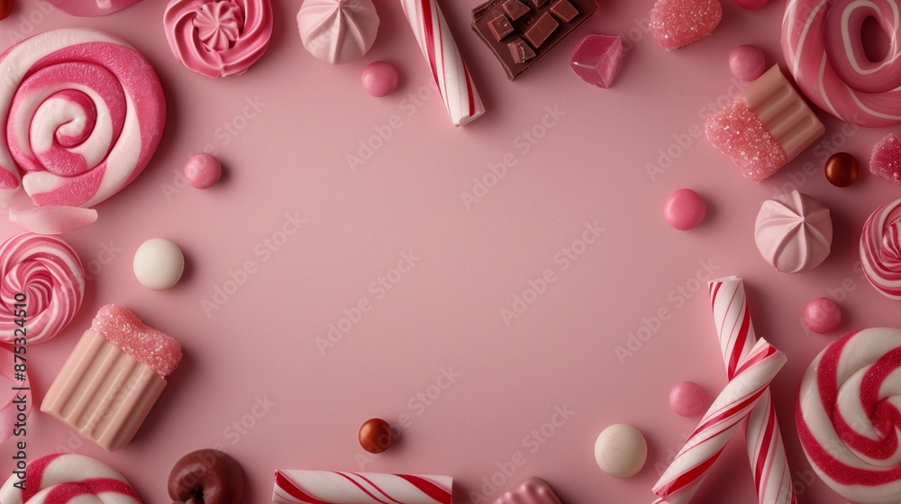 Various pink candies and peppermint swirls arranged around the edges of a pink background Various pink candies and peppermint swirls arranged around the edges of a pink background