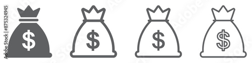 Money bag icon set. Dollar money with sack. Symbols money bag or stash, coin sack sign, business, banking, vector.