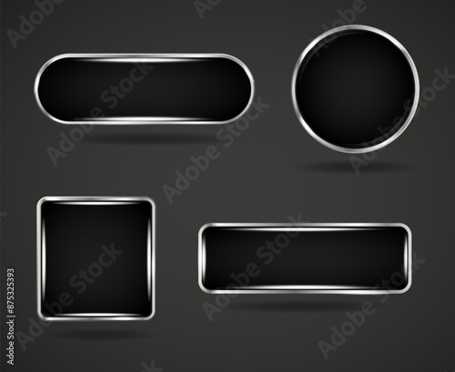 Black silver frame website button set. Circle square glossy frame