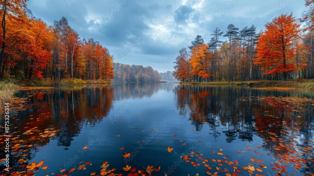 Obraz premium A serene lake surrounded by trees in full autumn splendor, with reflections of the colorful foliage shimmering on the water's surface