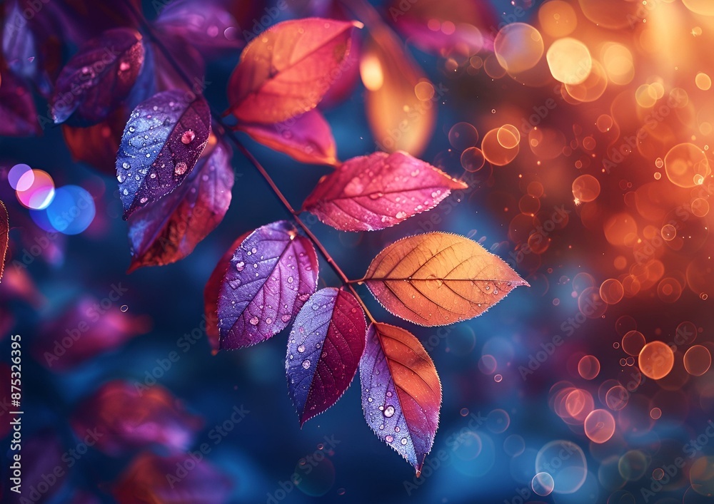 Vibrant autumn leaves on a tree with blurred lights in the background.