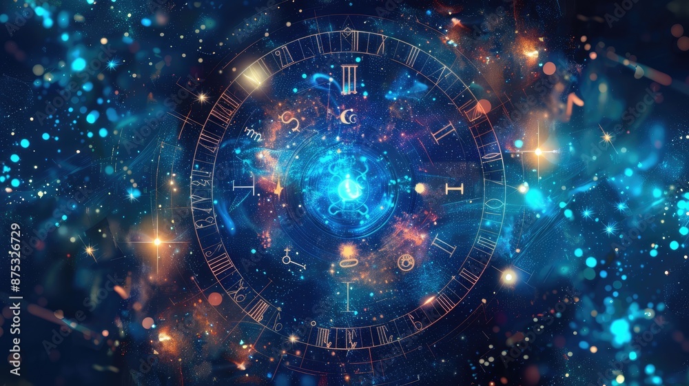 Cosmic clock with zodiac signs in a starry galaxy, representing time and astrology with mystical blue lights and celestial symbols. Cosmic clock with zodiac signs in a starry galaxy, representing time and astrology with mystical blue lights and celestial symbols.