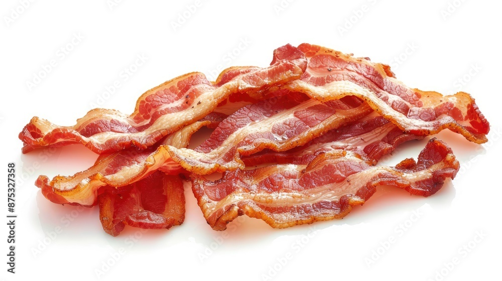 Crispy cooked bacon strips on a white background, perfect for breakfast menus, cooking applications, or food-related projects. Crispy cooked bacon strips on a white background, perfect for breakfast menus, cooking applications, or food-related projects.