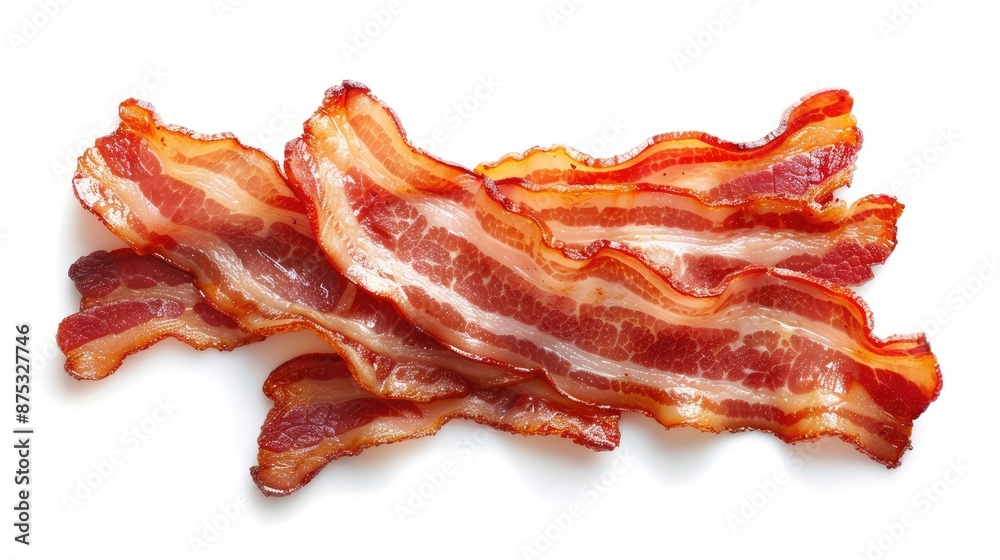 Crispy fried bacon strips isolated on white background. Perfectly cooked bacon for breakfast, brunch, or culinary recipes. Crispy fried bacon strips isolated on white background. Perfectly cooked bacon for breakfast, brunch, or culinary recipes.