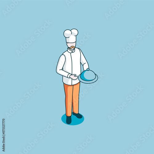 isometric vector chef linear icon, in color on blue background, people and professions