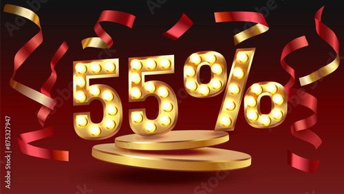 Mega sale, 55 special offer banner. Golden sign board promotion. Vector illustration