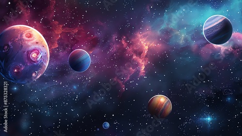 Colorful planets and stars in the vastness of space create a mesmerizing cosmic landscape. © Arbystudio