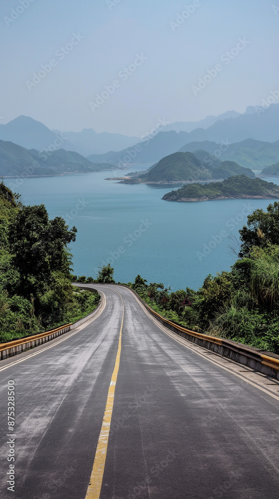 Obraz premium Realistic shot of an empty road leading to the blue waters and green mountains near Chongqing, with scenic views of Quanentshan Lake.Low angle. The scene includes roads, mountainous terrain