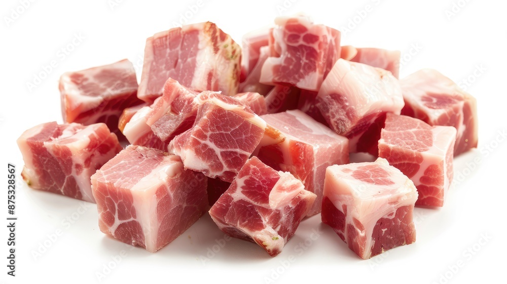 Cubes of fresh raw bacon displayed on a white background. Perfect for recipes, food blogs, and culinary projects. Cubes of fresh raw bacon displayed on a white background. Perfect for recipes, food blogs, and culinary projects.