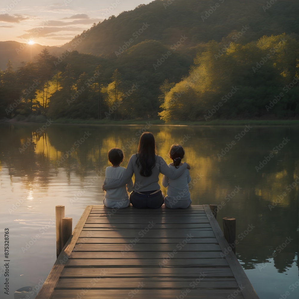 Family Silhouettes on a Lake at Sunset Family Silhouettes on a Lake at Sunset