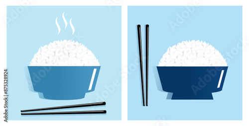 Rice bowl with chopsticks on blue background vector.