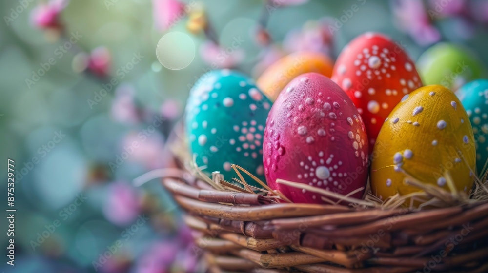 Colorful Easter eggs are placed in a basket. Bright hues, this image captures the festive spirit and creativity of Easter. It highlights the joyful tradition of decorating and celebrating eggs.