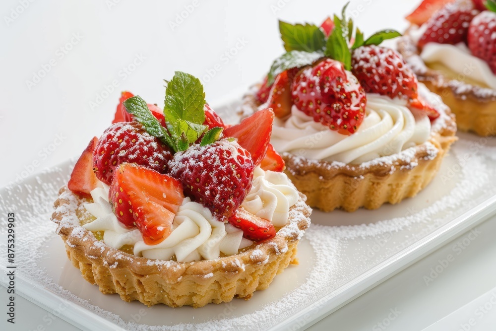 Strawberry Tart Dessert with Whipped Cream. Isolated on White Background. Generative AI. Strawberry Tart Dessert with Whipped Cream. Isolated on White Background. Generative AI.