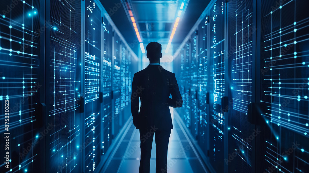 Businessman with virtual cyber security technology and online data protection for security of data storage used by global business network server to secure cyber information