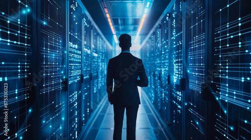 Obraz na płótnie Businessman with virtual cyber security technology and online data protection for security of data storage used by global business network server to secure cyber information w salonie