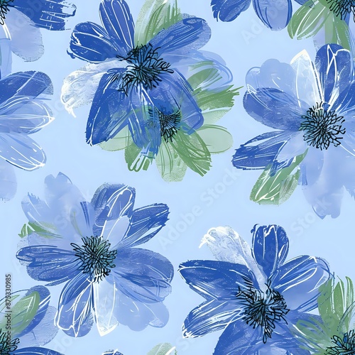 Realistic Floral Motif Grid with Blue, Green, and Pink Flowers