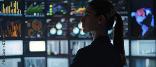 A silhouette of a person stands before a multitude of data screens, intently observing the graphics and statistics illuminated in the darkened room.