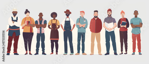 A diverse group of people stand in a line, each dressed distinctively, symbolizing unity and diversity against a neutral background.