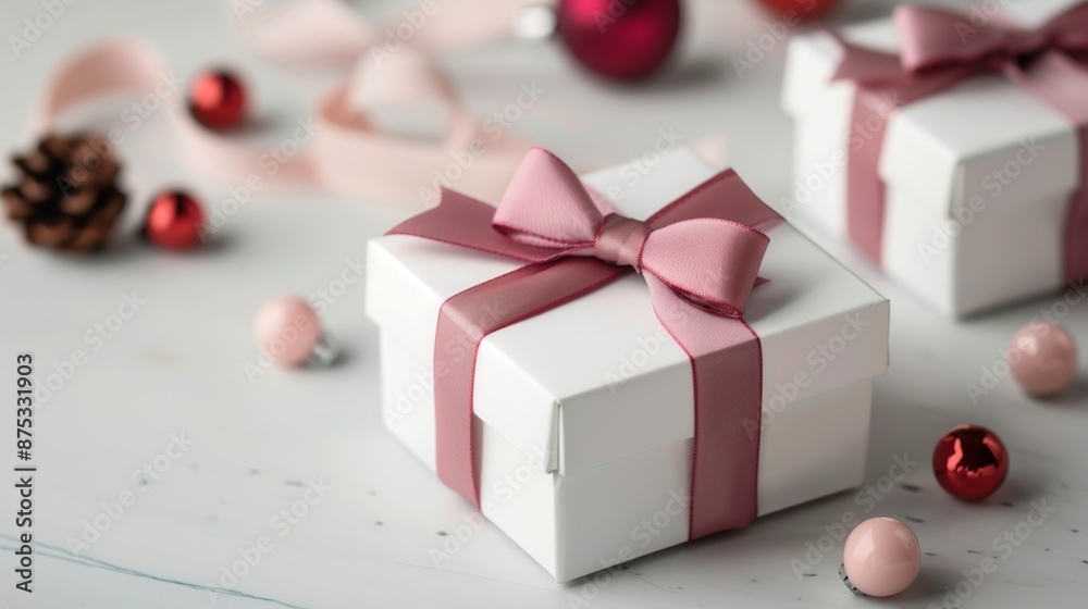 White gift boxes tied with pink ribbons and bows on a white surface White gift boxes tied with pink ribbons and bows on a white surface