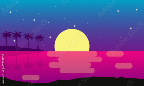 Scenery beach at sunset with sun and palm silhouette