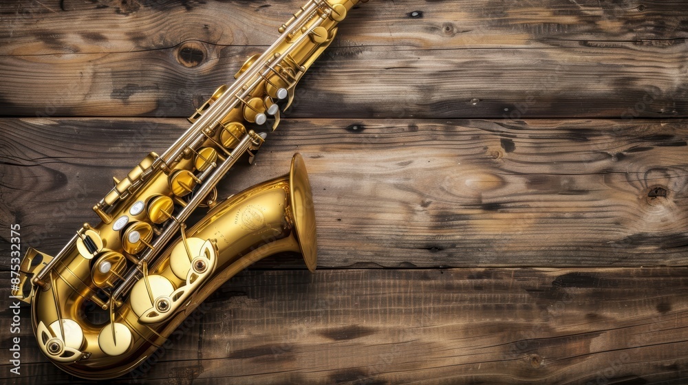 Naklejka premium A golden colored saxophone stands on an old and burnt looking wooden surface. Copy space