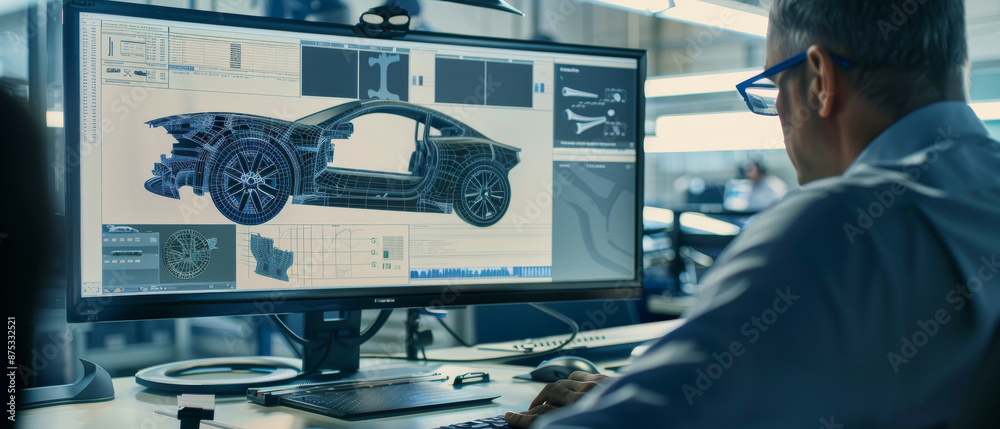 Engineer works on a computer, designing a car chassis, showcasing the fusion of technology and innovation in modern automotive engineering. Engineer works on a computer, designing a car chassis, showcasing the fusion of technology and innovation in modern automotive engineering.