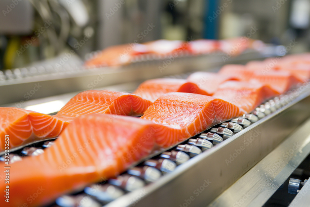 Close-up of a fresh salmon fillet on a conveyor belt in a fish ...