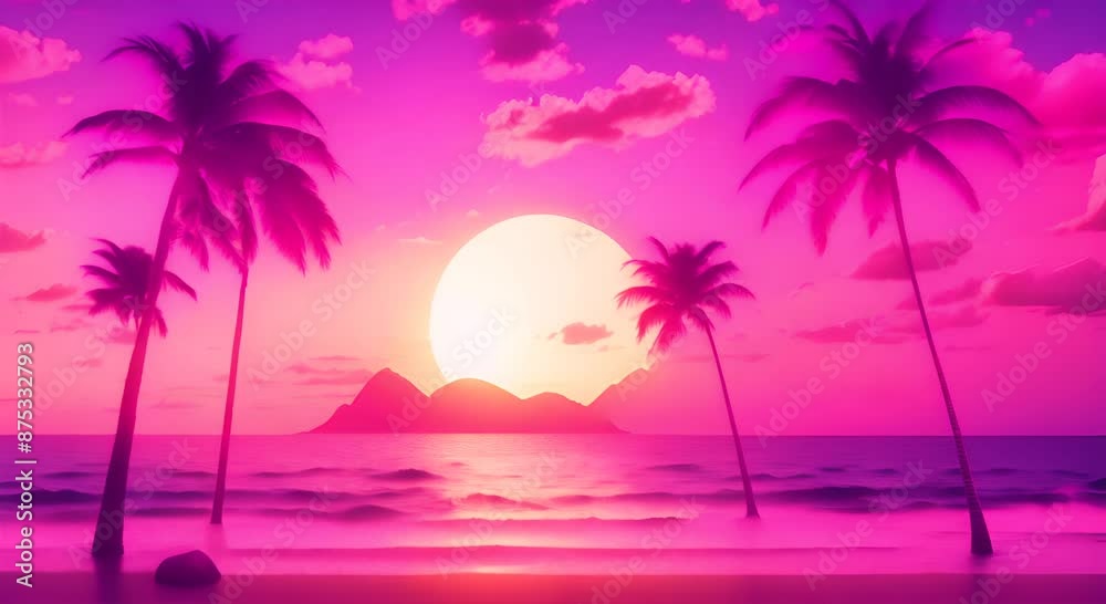 Vaporwave palm trees on the beach at sunset Retrowave background 4k animation Vaporwave palm trees on the beach at sunset Retrowave background 4k animation