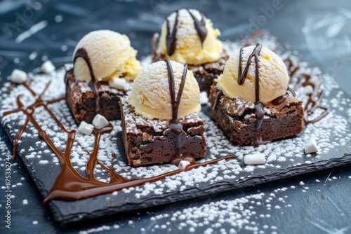 Brownie Dessert with Ice Cream and Chocolate Sauce. Generative AI.