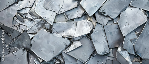 Pieces of broken, reflective metal plates scattered randomly, creating a visually striking, jagged texture.