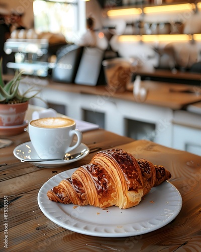 a croissant sitting on a plate next to a cup of coffee